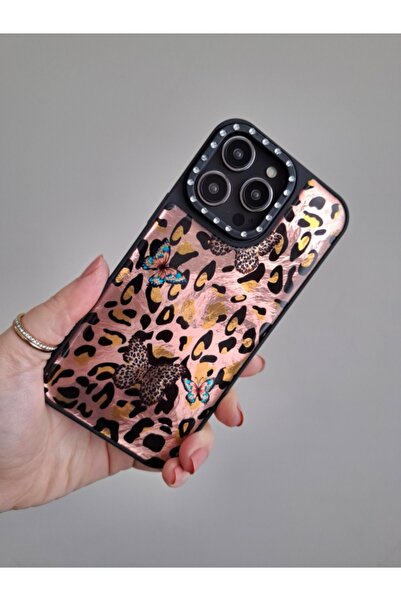 EPRO iPhone 14 Pro Max Uyumlu Leopar Desenli Taşlı Kamera Koruma Çıkıntılı Lü...