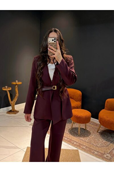 THE BECCA Çift Katlı Kemerli Kumaş Blazer Takım Mürdüm