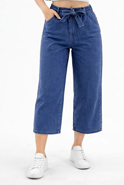 Swana Kadın Beli Lastikli Kurdela Bağlamalı Denim Bermuda Şort- İndigo