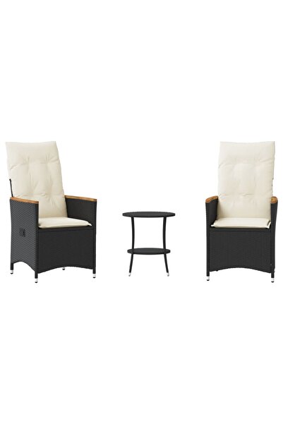 vidaxl Set bistro cu perne, 3 piese, negru, poliratan