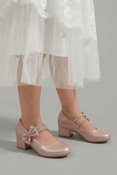 Nubbock Pantofi cu toc și fundă pentru fete, piele pudrată NK3142