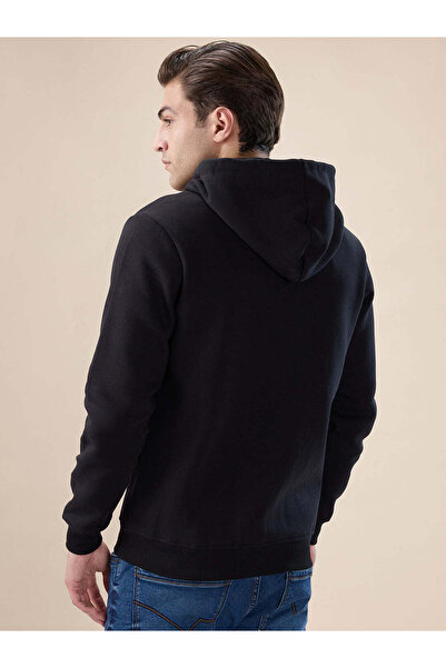 STATUS QUO Solid Brand Logo Hooded Zipper Regular Fit Black Sweatshirt