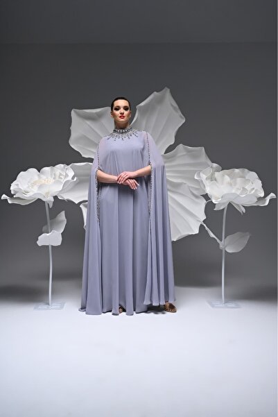 White Corner 2957 Chiffon Collar Tip Custom Stone Embroidered Dress