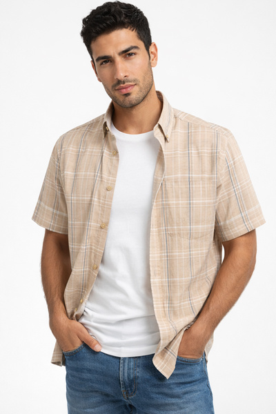 Varetta Cămașă cu mânecă scurtă pentru bărbați Bej în carouri Largă croială c...