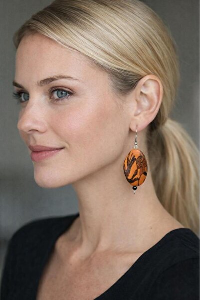 Hd Marketim Handmade Orange Patterned Women's Earrings – Oval Bohemian Earrin...