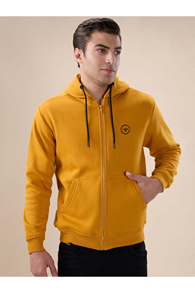 STATUS QUO Solid Brand Logo Hooded Zipper Regular Fit Mustard Sweatshirt