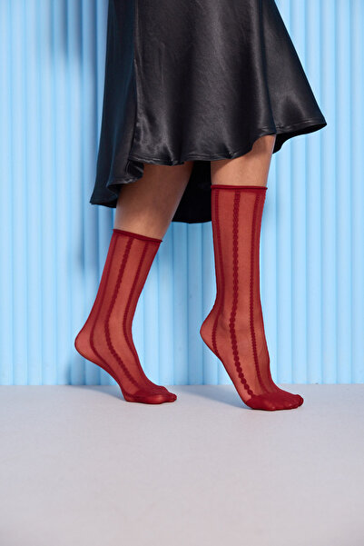 BONY SOCKS Kadın Örgü Desenli İnce Soket Çorap Bordo