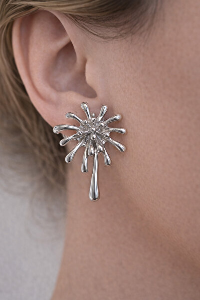 Takıtolia Wisher Silver Colored Palm Figured Stylish Design Silver Gray Earrings