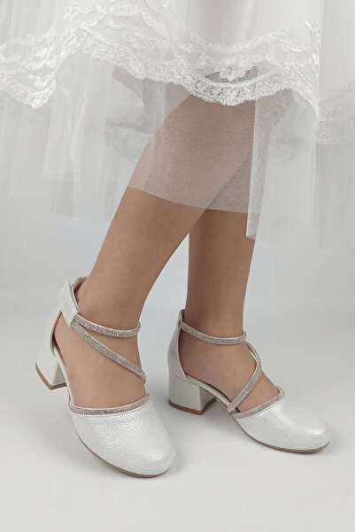 Nubbock Pantofi cu toc pentru fete, din piele lacuita alba, cu pietre incruci...