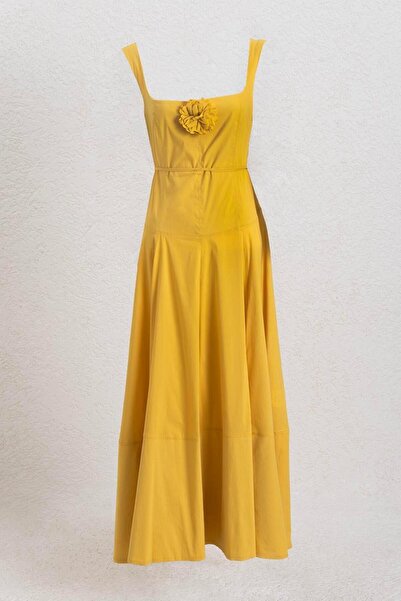 BSL Derin Kare Yakalı Eteği Volan Detaylı Midi Elbise