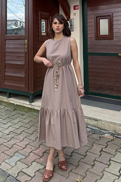 BEJNA فستان صيفي نسائي أنيق تفاصيل حزام مكشكش كتان ذو ملمس بارز