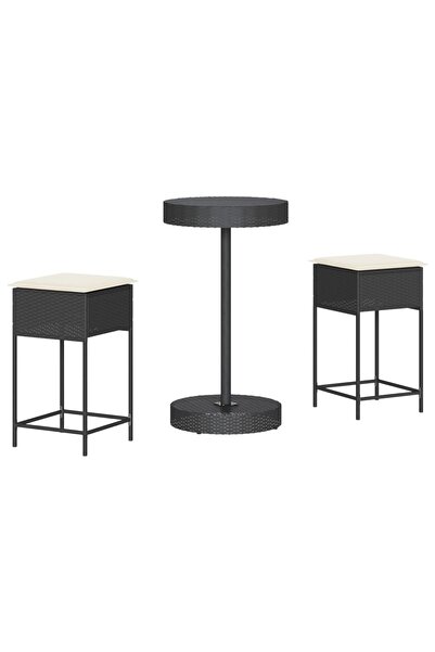 vidaxl Set mobilier bar de grădină cu perne, 3 piese, negru, poliratan