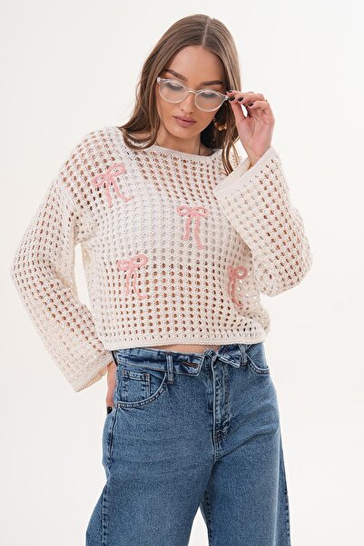 ŞİMAL Дамски пуловер с бродерия от панделки и мрежа 260476 -