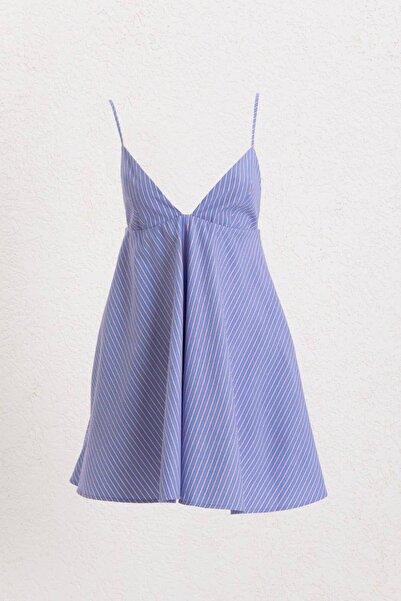 BSL Fiyonk Detaylı Çizgili Volanlı Mini Elbise