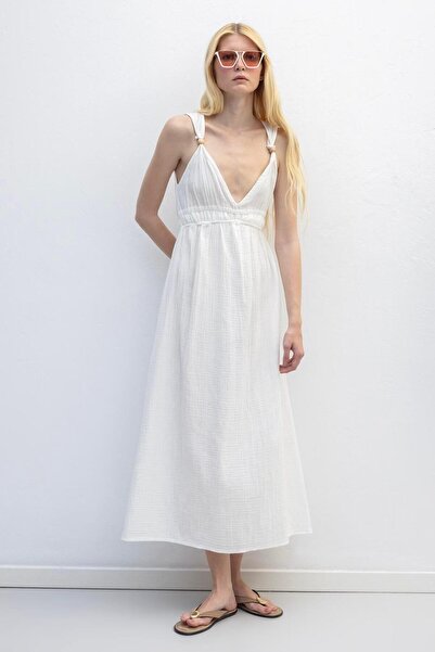 BSL Askılı V Yaka Cotton Midi Elbise