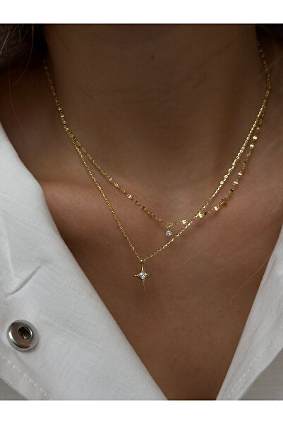 Sade Accessory Tektaş ve Yıldız Detaylı Çift Zincirli Kolye