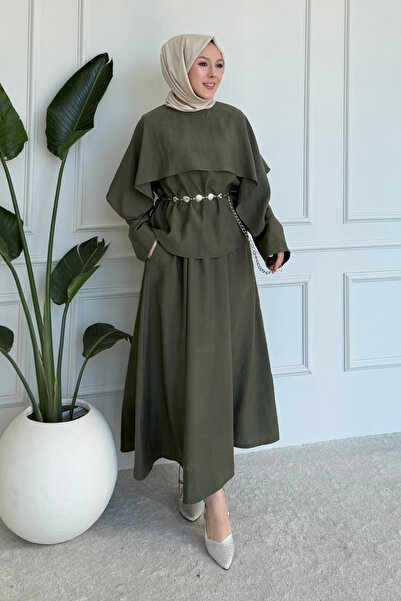 Tesettür Diyarı Polya Tesla Fabric Cape Blouse and Skirt Hijab Set - Khaki