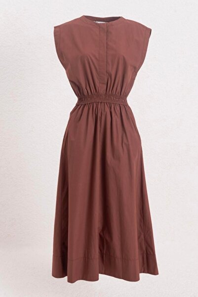 BSL Elastik Bel Bantlı Poplin Midi Elbise