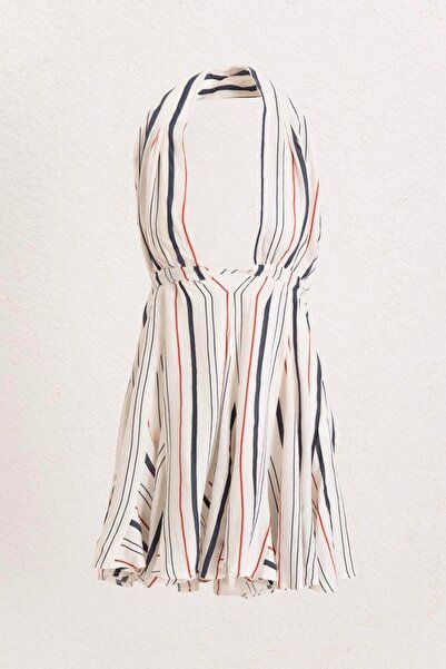 BSL Volanlı Etek Detaylı Keten Mini Elbise