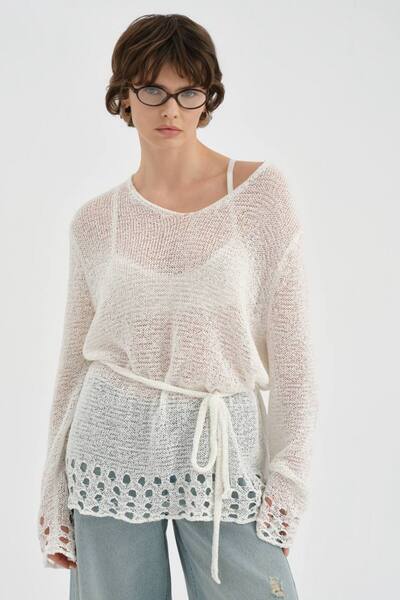 tw3 Γυναικεία πλεκτά Μπλούζα με μακρύ μανίκι και σχέδιο στη μέση Με λεπτομέρε...