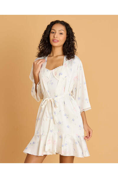 REDTAG Women Assorted Printed Satin Robe with Lace Detail