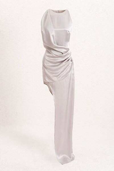 BSL Asimetrik Etek Detaylı Saten Elbise