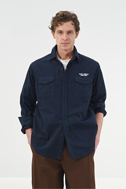 GIESTO Cămașă albastru marin brodată DOUBLE C cu buzunare