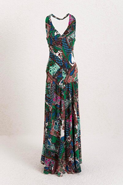 BSL Halter Yakalı Desenli Midi Elbise