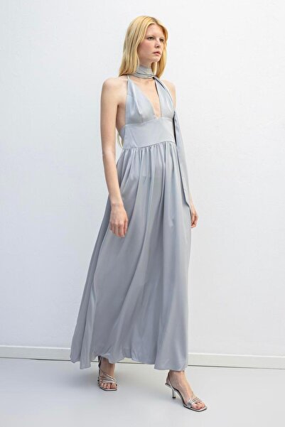 BSL Askılı Fular Detaylı Maksi Saten Elbise