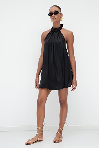 BSL Halter Yaka Saten Balon Elbise