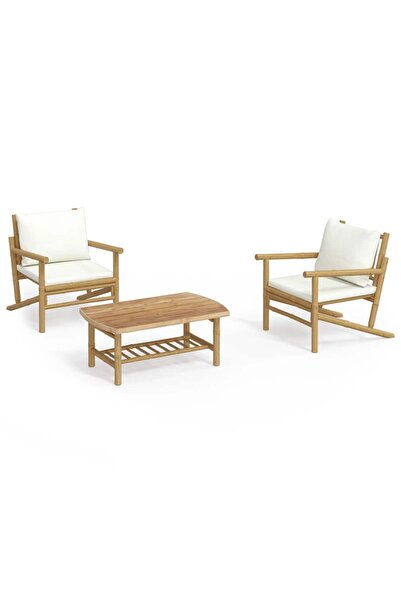 vidaxl Set mobilier de grădină, cu perne alb crem, 3 piese, bambus