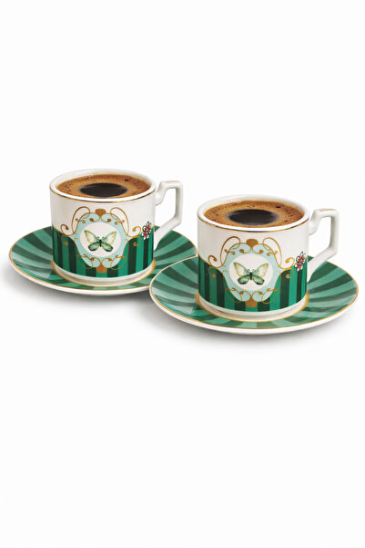 COCEM 2-Piece Turkish Coffee Cup Set Green Patterned Boxed Porcelain Coffee Cups