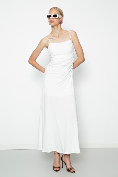 BSL Drapeli Askılı Maksi Elbise