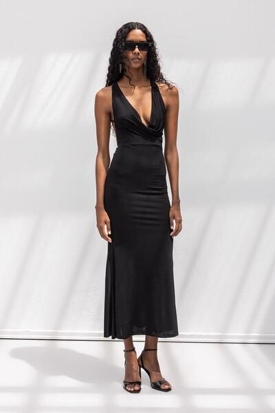 BSL Derin Degaje Yakalı Midi Elbise