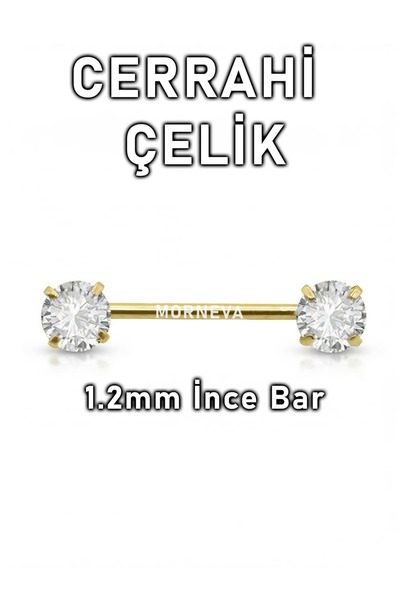 MORNEVA Cerrahi Çelik İnce Barlı 1.2mm Minik Kristal Daire Taşlı Meme Ucu Nip...