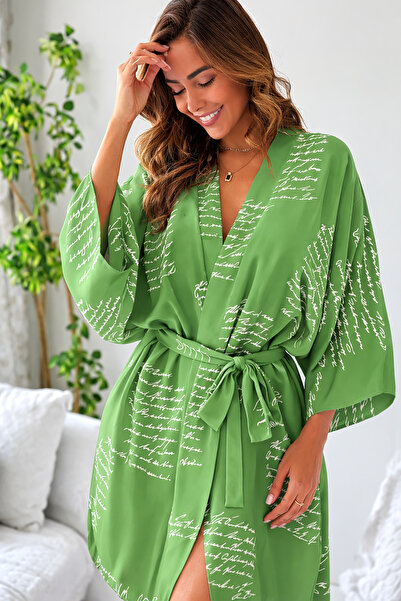 mass fashion Kadın Yazı Desenli Kemerli Kimono
