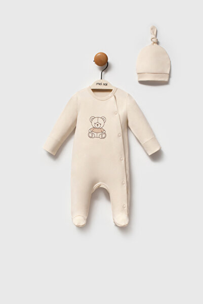 Moi Noi Premium "My Bear" Collection Baby Romper with Hat - Ecru