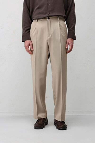 Antioch Bej Relax Fit Pilili Erkek Pantolon