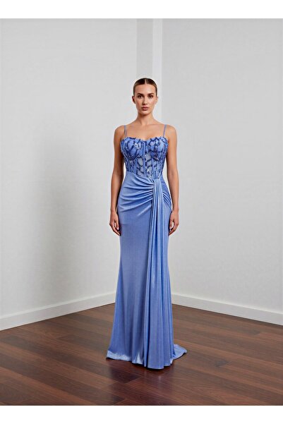 MAXXE 6202SIM ÜSTÜ PAYET ETEĞİ LAME SİMLİ ELBİSE