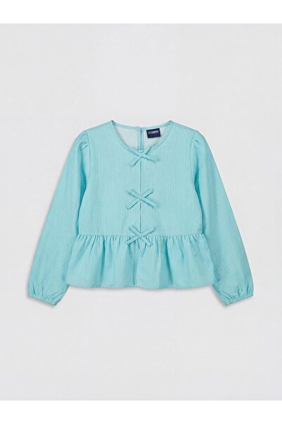LC Waikiki Blue Bow Detailed Striped Poplin Girls' Blouse