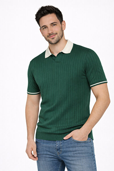 KAREL BUTİK Erkek Yeşil Regular Fit İnce Dokulu Kısa Kollu Kol Detaylı Polo Y...