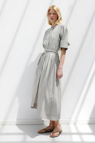 BSL Pileli Midi Gömlek Elbise