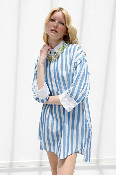 BSL Çizgili Keten Karışımlı Mini Elbise