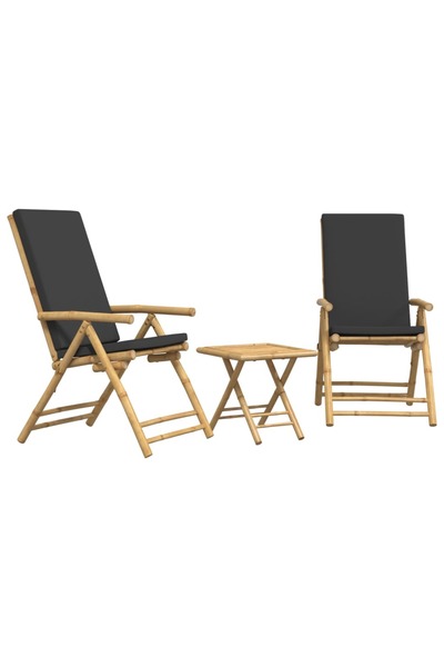 vidaxl Set de bistro pliabil, 3 piese, cu perne gri închis, bambus