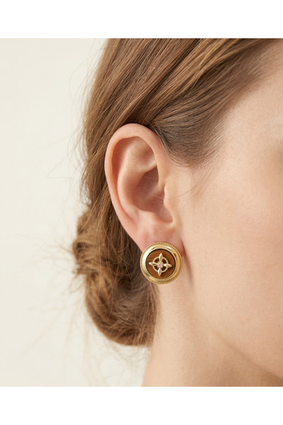 FiveStudio Gold Plated Tiger's Eye Wood Compass Star Motif Minimal Stud Earrings
