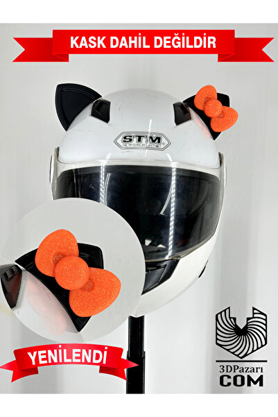 Butik Motor & Motosiklet Neon Turuncu Fiyonklu Siyah Kedi Kulak Kask Dış Akse...