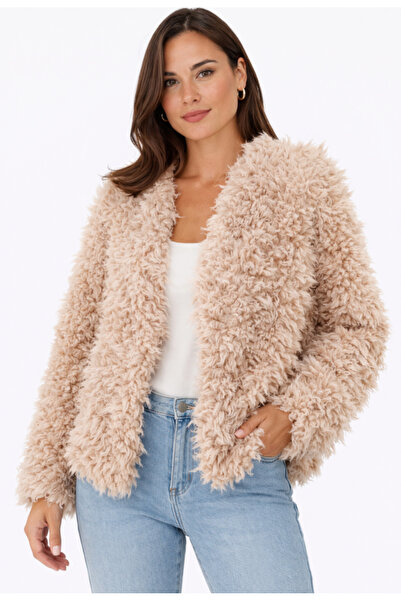 Nobrand Women's beige Faux Fur jacket, elegant casual style, loose cut