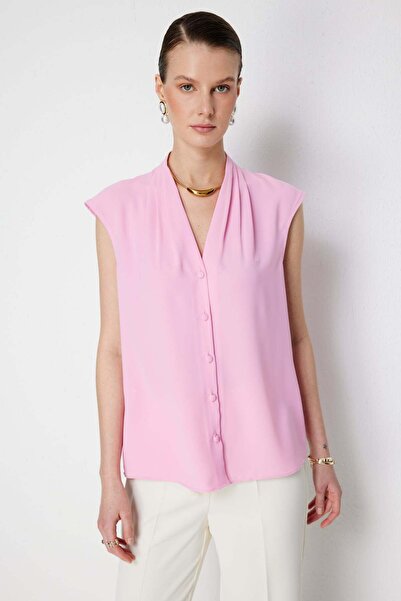 Ekol Yakası Drapeli Kolsuz Şifon Bluz