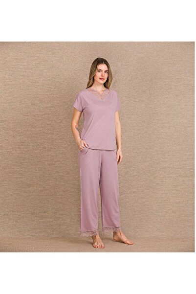 Lady Lingerie Short Sleeve Lace Piece Viscose Fabric Women's Pajama Set