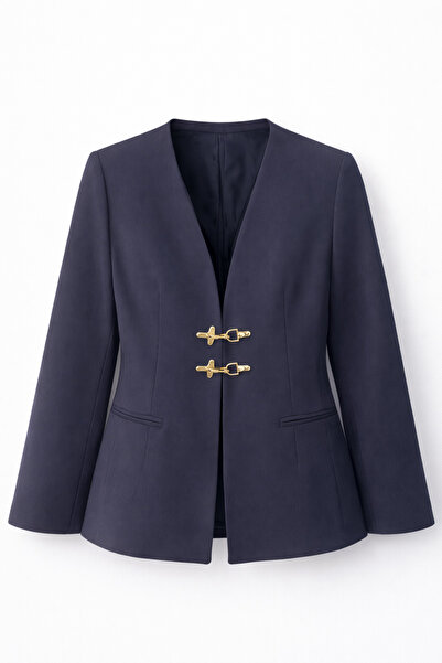HAZELANNA Navy Blue Collarless Jacket with Gold Hook Buttons